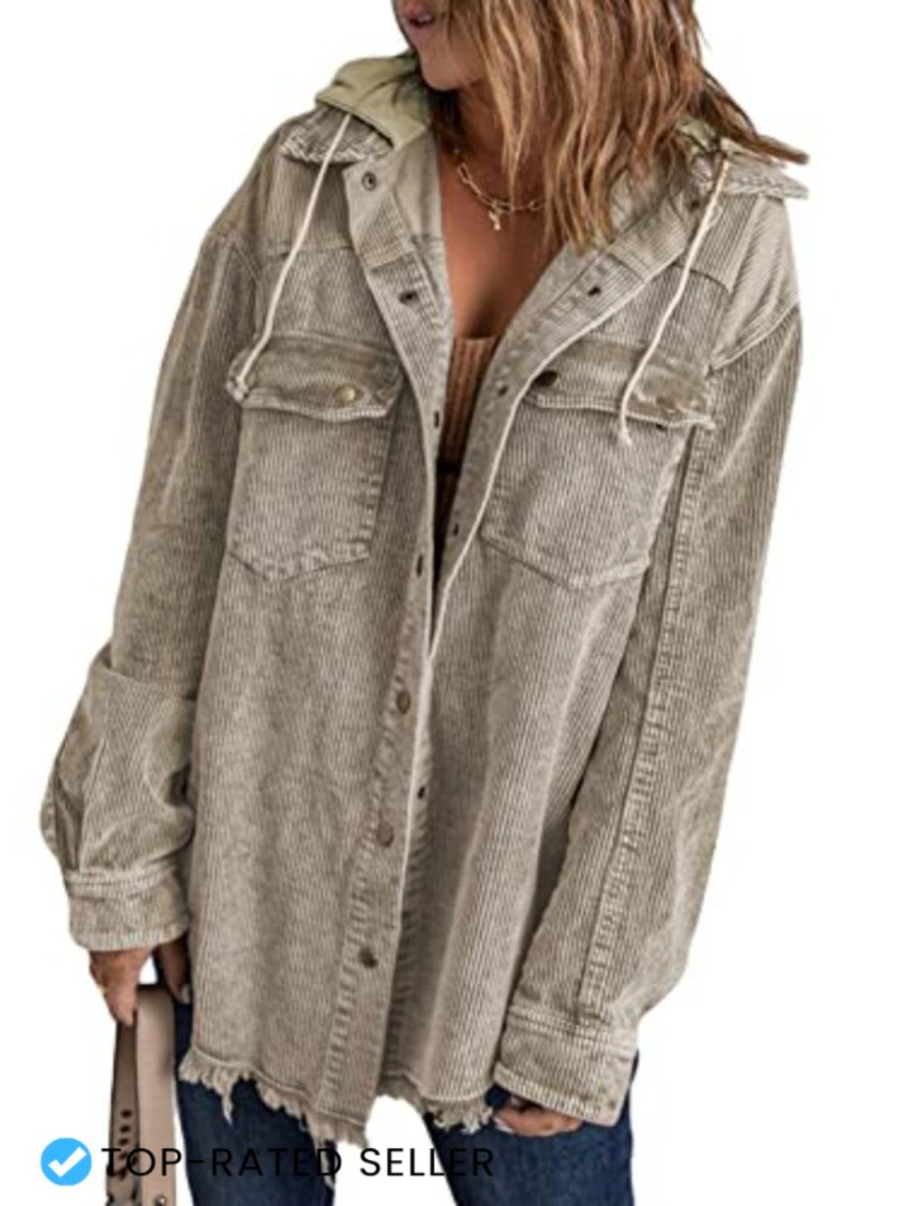 Dokotoo Women's Corduroy Shacket Jacket Button Down Hooded Coat with Pockets